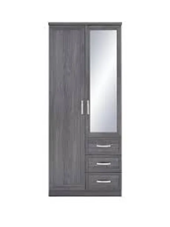 BOXED CAMBERLEY 2-DOOR 3-DRAWER MIRRORED WARDROBE - DARK OAK (2 BOXES)