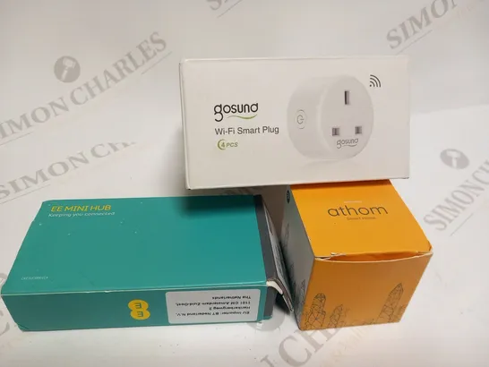 3 ASSORTED PRODUCTS TO INCLUDE; GOSUND WI-FI SMART PLUG, EE MINI HUB AND ATHOM 