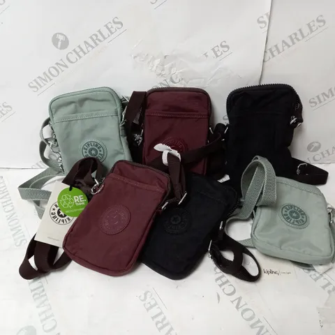 APPROXIMATELY 6 ASSORTED KIPLING TALLY PHONE BAGS IN MAROON, BLACK, AND BLUE 