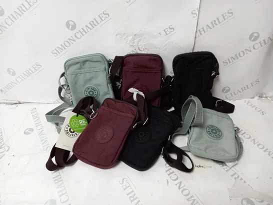 APPROXIMATELY 6 ASSORTED KIPLING TALLY PHONE BAGS IN MAROON, BLACK, AND BLUE 