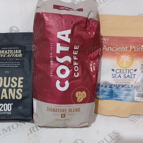 APPROXIMATELY 8 ASSORTED FOOD & DRINK ITEMS TO INCLUDE ANCIENT PURITY CELTIC SEA SALT, COSTA COFFEE SIGNATURE BLEND, BRAZILIAN LOVE AFFAIR HOUSE BEANS, ETC