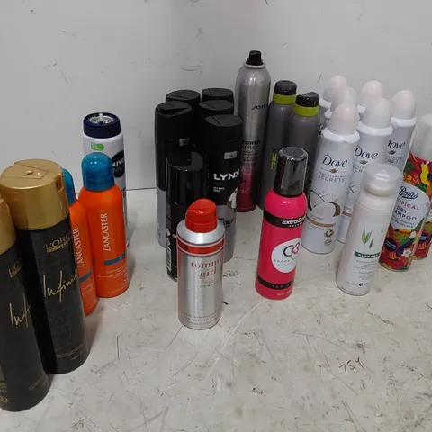 TWO TOTES OF ASSORTED AEROSOLS INCLUDING, DRY SHAMPOO, LYNX, DOVE, NIVEA BODY SPRAYS, SUEDE CLEANER, TYRE WELD, RADIATOR PAINT, HIGH TEMP PAINT, FABREEZE, AIR DUSTERS.