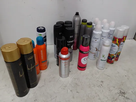 TWO TOTES OF ASSORTED AEROSOLS INCLUDING, DRY SHAMPOO, LYNX, DOVE, NIVEA BODY SPRAYS, SUEDE CLEANER, TYRE WELD, RADIATOR PAINT, HIGH TEMP PAINT, FABREEZE, AIR DUSTERS.