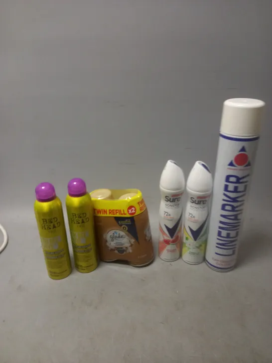 APPROXIMATELY 12 ASSORTED AEROSOLS TO INCLUDE LINEMARKER CAP SURE BODY HEAT ACTIVATED, AND BEDHEAD TIGI ETC. 