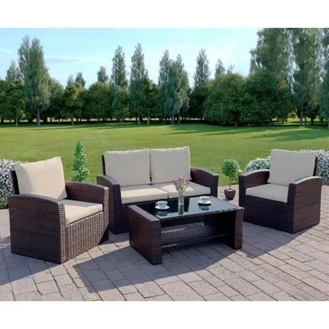 BOXED SABETHA 118CM WIDE OUTDOOR GARDEN SOFA WITH CUSHIONS - BROWN & CREAM (2 BOXES)