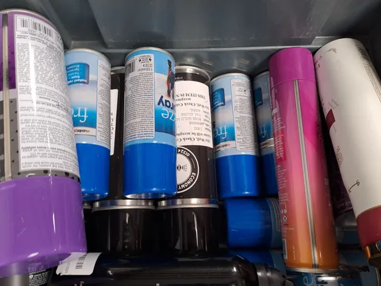 APPROXIMATELY 10 ASSORTED AEROSOL ITEMS IN INCLUDE PURPLE SPRAY PAINT, DEODORANT, DRY SHAMPOO, ETC - COLLECTION ONLY