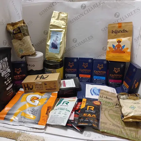 LOT OF APPROXMATELY 23 ITEMS TO INCLUDE TYNEMOUTH COFFEE ROCKET BEANS (500g), GATORADE THIRST QUENCH POWDER ORANGE (595g), NORLO ORGANIC COMPOSTABLE PODS, ETC