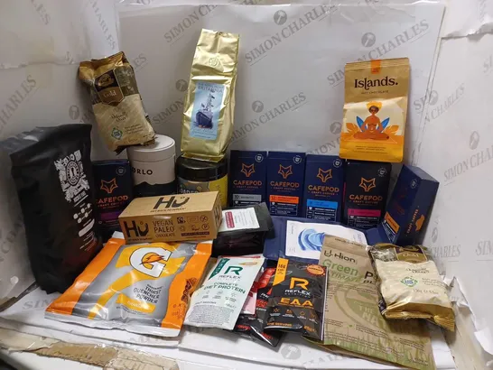 LOT OF APPROXMATELY 23 ITEMS TO INCLUDE TYNEMOUTH COFFEE ROCKET BEANS (500g), GATORADE THIRST QUENCH POWDER ORANGE (595g), NORLO ORGANIC COMPOSTABLE PODS, ETC