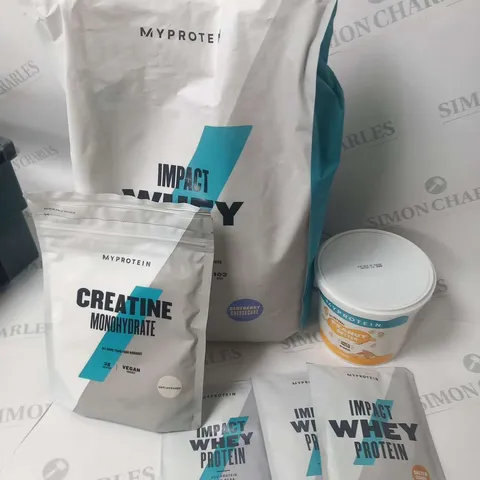 SIX ASSORTED MYPROTEIN PRODUCTS TO INCLUDE; IMPACT WHEY PROTEIN BLUEBERRY CHEESECAKE 5KG, ALL NATURAL PEANUT BUTTER 1KG, CREATIVE MONOHYDRATE 250G AND IMPACT PROTEIN WHEY 25G