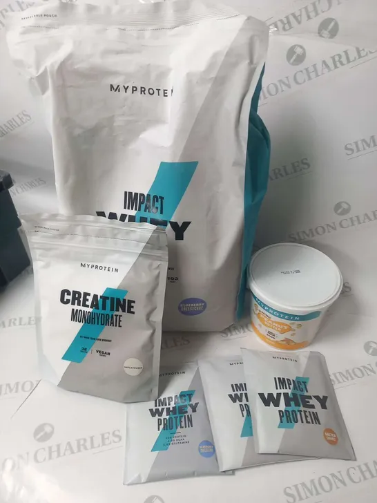 SIX ASSORTED MYPROTEIN PRODUCTS TO INCLUDE; IMPACT WHEY PROTEIN BLUEBERRY CHEESECAKE 5KG, ALL NATURAL PEANUT BUTTER 1KG, CREATIVE MONOHYDRATE 250G AND IMPACT PROTEIN WHEY 25G