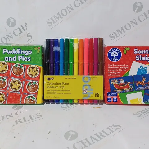 BOX OF APPROXIMATELY 20 ASSORTED TOYS AND GAMES TO INCLUDE ORCHARD TOYS PUDDINGS AND PIES, ORCHARD TOYS SANTA'S SLEIGH, YPO MEDIUM TIP COLOURING PENS, ETC