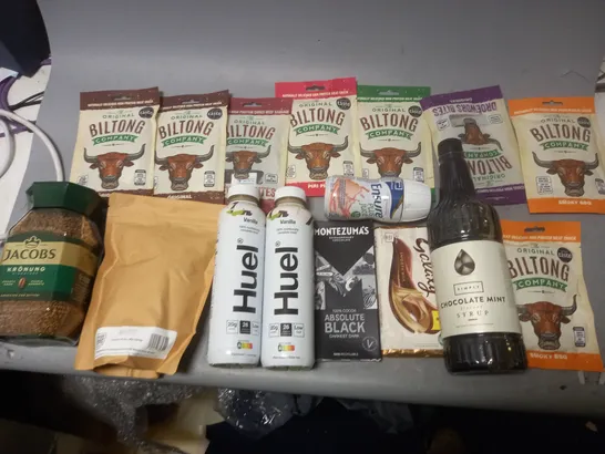 TOTE OF APPROX 10 ASSORTED FOOD ITEMS TO INCLUDE - HUEL VANILLA , BILTONG BEEF, AND JACOBS COFFEE ETC. 