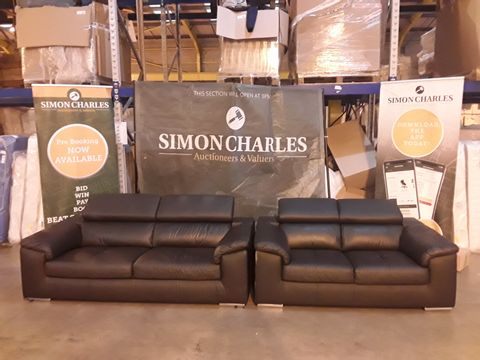 DESIGNER BLACK FAUX LEATHER THREE AND TWO SEATER SOFAS WITH ADJUSTABLE HEADRESTS 