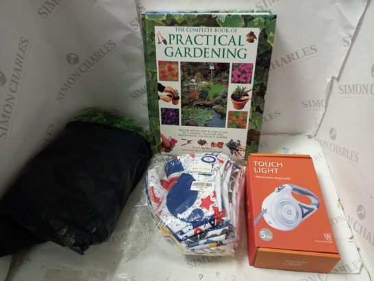 LOT OF ASSORTED ITEMS TO INCLUDE DOG LEASH. GARDENING BOOK AND FACE MASKS