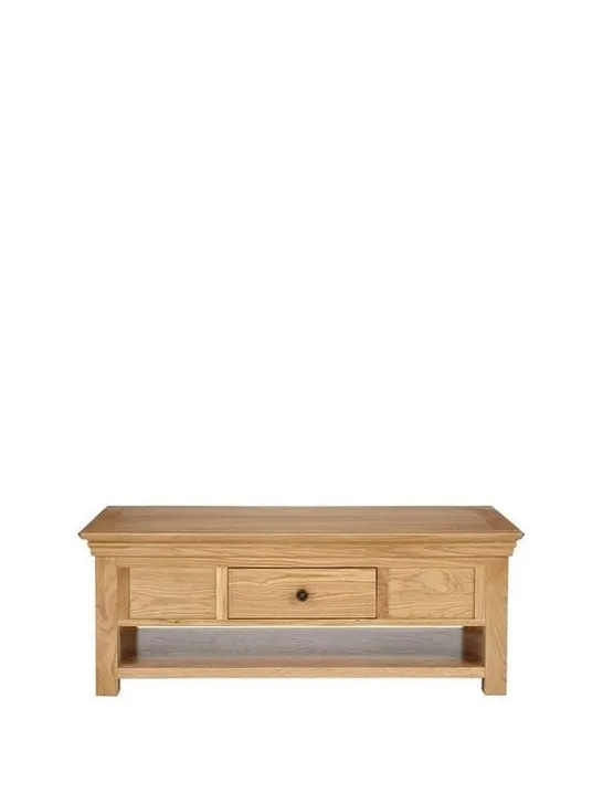 BOXED GRADE 1 CONSTANCE SOLID OAK COFFEE TABLE WITH SHELF & DRAWER (1 BOX) RRP £399.99