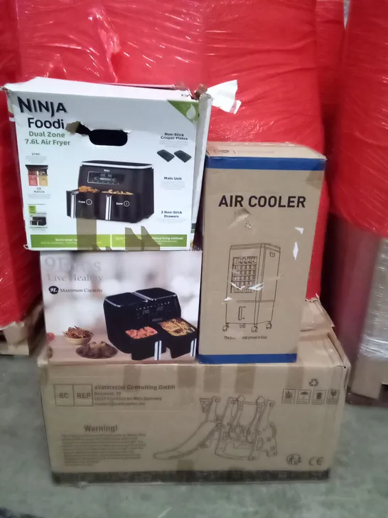 PALLET OF ASSORTED ITEMS INCLUDING NINJA FOODI DUAL ZONE AIR FRYER, AIR COOLER, SLIDE & SWING COMBINATION, 9L DUAL AIR FRYER, PELONIS AIR COOLER