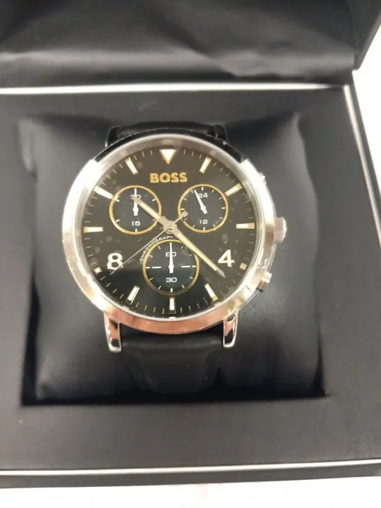 BOXED HUGO BOSS SPIRIT BLACK LEATHER MENS WRIST WATCH