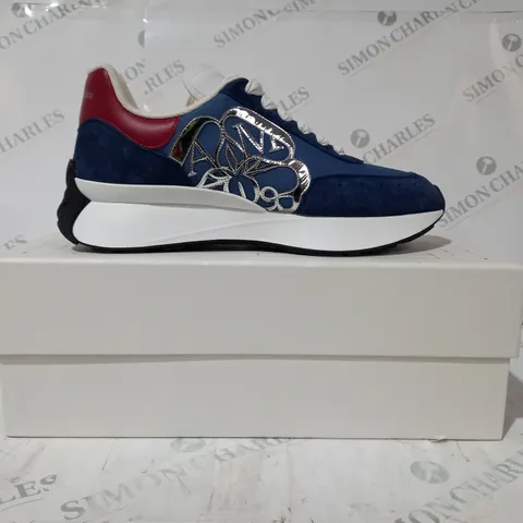 BOXED PAIR OF ALEXANDER MCQUEEN SPRINT RUNNER SNEAKERS IN BLUE/RED/METALLIC SILVER SIZE UNSPECIFIED