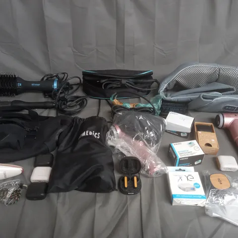 MEDIUM BOX OF ASSORTED UNBOXED ELECTRICAL ITEMS FROM MARLEY, HOMEDICS, AND REVAMP ETC. 