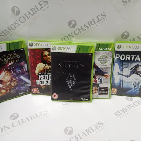 APPROXIMATELY 15 ASSORTED XBOX 360 VIDEO GAMES TO INCLUDE SKYRIM, PORTAL 2, FIFA 14, ETC