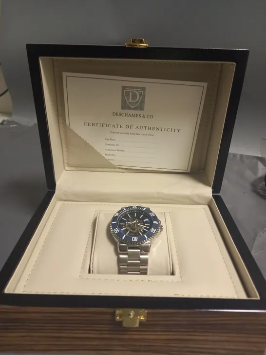 BOXED DESCHAMPS & CO CHRONOGRAPH WATCH WITH STAINLESS STEEL BRACELET