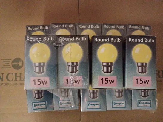 LOT OF 24 BRAND NEW CROMPTON LAMPS COLOURGLAZED 45MM ROUND BULB 15W YELLOW ROU15YBC-GLZ