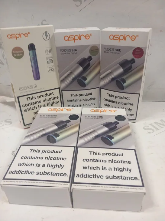 APPROXIMATELY 5 BOXED ASPIRE VAPING PRODUCTS TO INCLUDE; FLEXUS Q AND FLEXUS STIK