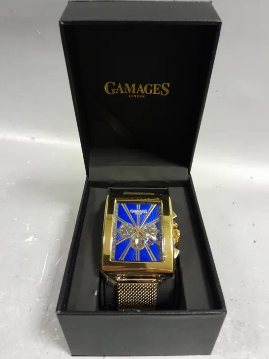 GAMAGES EXCLUSIVE NAVY DIAL GOLD COLOUR CASE WATCH 