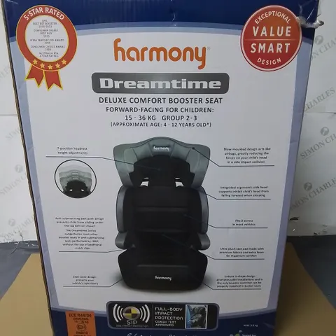 BOXED AS NEW HARMONY DREAMTIME DELUXE COMFORT BOOSTER SEAT - 15-36KG