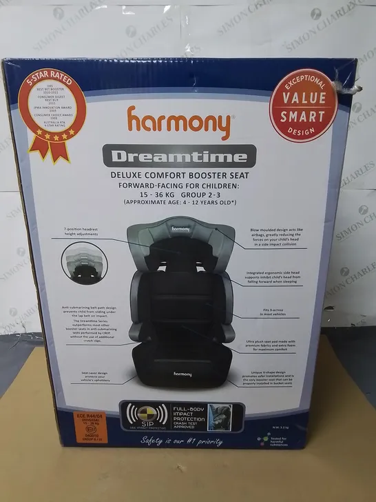 BOXED AS NEW HARMONY DREAMTIME DELUXE COMFORT BOOSTER SEAT - 15-36KG