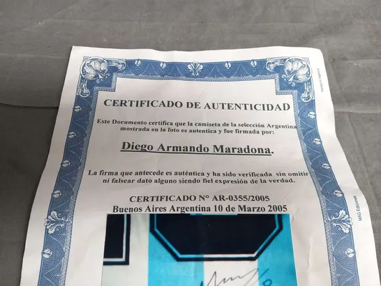 1994 ARGENTINA ADIDAS HOME FOOTBALL JERSEY NUMBERED 10 SIGNED BY DIEGO ARMANDO MARADONA WITH CERTIFICATE OF AUTHENTICITY