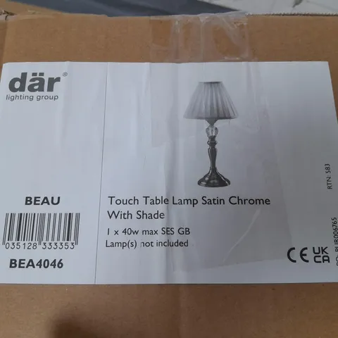 BOXED DAR LIGHTING BEAU TOUCH TABLE LAMP IN SATIN CHROME WITH SHADE