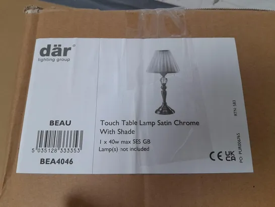 BOXED DAR LIGHTING BEAU TOUCH TABLE LAMP IN SATIN CHROME WITH SHADE