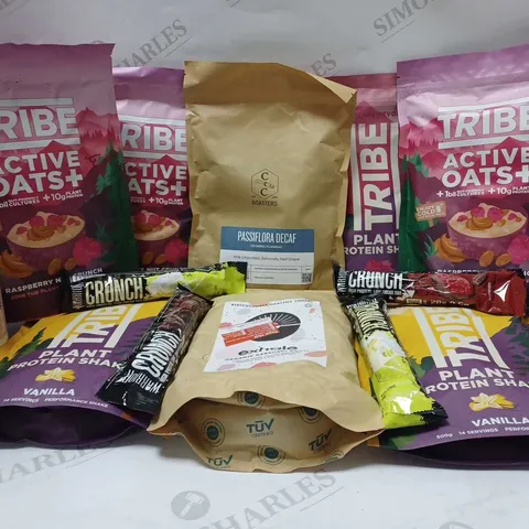 LOT OF APPROX 10 ASSORTED ITEMS TO INCLUDE TRIBE RASPBERRY NUT CRUNCH, RASPBERRY/DARK CHOCOLATE PROTEIN BAR, BETTERVITS MAGNESIUM COMPLEX, ETC 