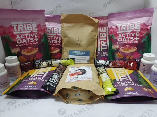 LOT OF APPROX 10 ASSORTED ITEMS TO INCLUDE TRIBE RASPBERRY NUT CRUNCH, RASPBERRY/DARK CHOCOLATE PROTEIN BAR, BETTERVITS MAGNESIUM COMPLEX, ETC 