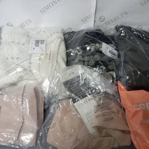 BOX OF ASSORTED CLOTHING ITEMS TOO INCLUDE TOPS , JUMPERS, AND PANTS ETC. 