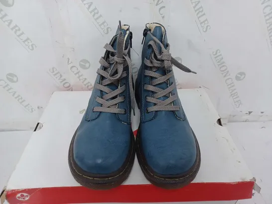 BOXED PAIR OF RIEKER LACE ANKLE BOOTS BLUE - SIZE 40