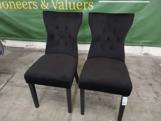 PAIR OF UPHOLSTERED BUTTONED RING BACK DINING CHAIRS BLACK PLUSH FABRIC ON DARK WOOD LEGS 