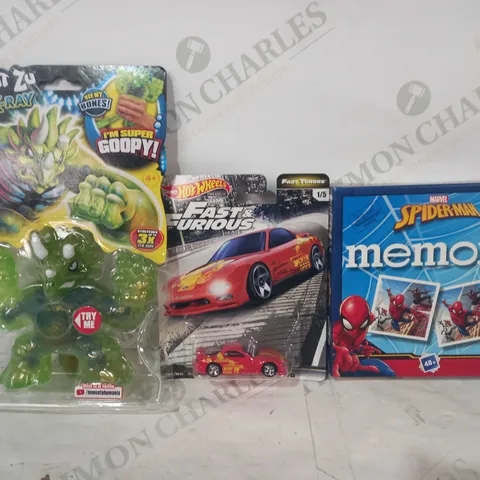 BOX OF APPROXIMATELY 20 ASSORTED TOYS AND GAMES TO INCLUDE HEROES OF GOO JIT ZU DINO X-RAY, HOT WHEELS FAST & FURIOUS, MARVEL SPIDER-MAN MEMORY GAME, ETC