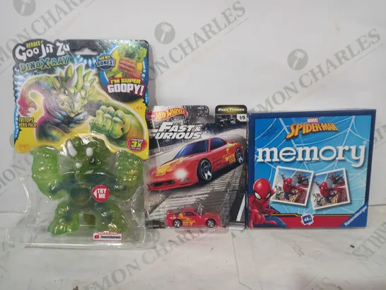 BOX OF APPROXIMATELY 20 ASSORTED TOYS AND GAMES TO INCLUDE HEROES OF GOO JIT ZU DINO X-RAY, HOT WHEELS FAST & FURIOUS, MARVEL SPIDER-MAN MEMORY GAME, ETC