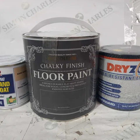 LOT OF APPROXIMATELY 10 ASSORTED HOUSEHOLD ITEMS TO INCLUDE DRYZONE MOULD-RESISTANT EMULSION PAINT, CHALKY FINISH FLOOR PAINT, RUSTINS PRIMER AND UNDERCOAT, ETC