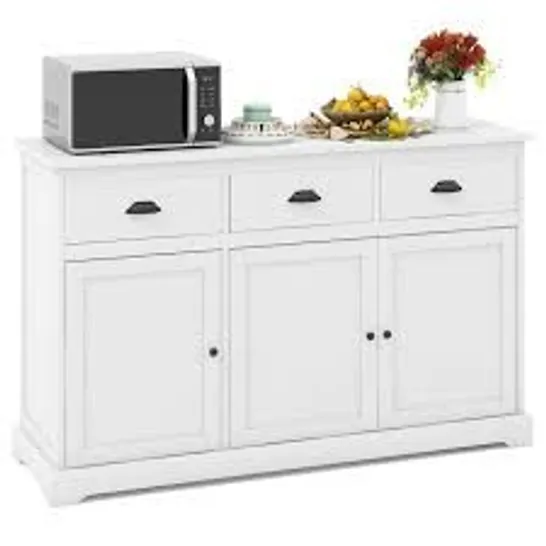 BOXED KITCHEN BUFFET SIDEBOARD, WOOD STORAGE CABINET WITH 3 DRAWERS AND 2 CUPBOARDS, 3 DOORS, ADJUSTABLE SHELVES, MORDEN ENTRYWAY CUPBOARD, WHITE (2 BOXES)