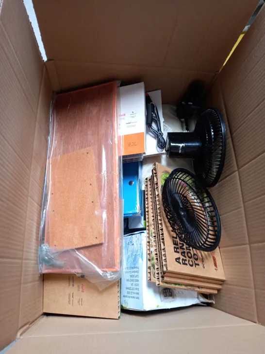 BOX OF APROXIMATELY 12 ASSORTED HOUSEHOLD ITEMS TO INCLUDE BIC PENS , FANS , MEDIUM STORAGE BOX 