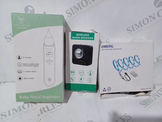 BOX OF APPROXIMATELY 5 ASSORTED HOUSEHOLD ITEMS TO INCLUDE OMERIL LED STRIP LIGHT, WIRELESS AUDIO RECEIVER, BABY NASAL ASPIRATOR, ETC