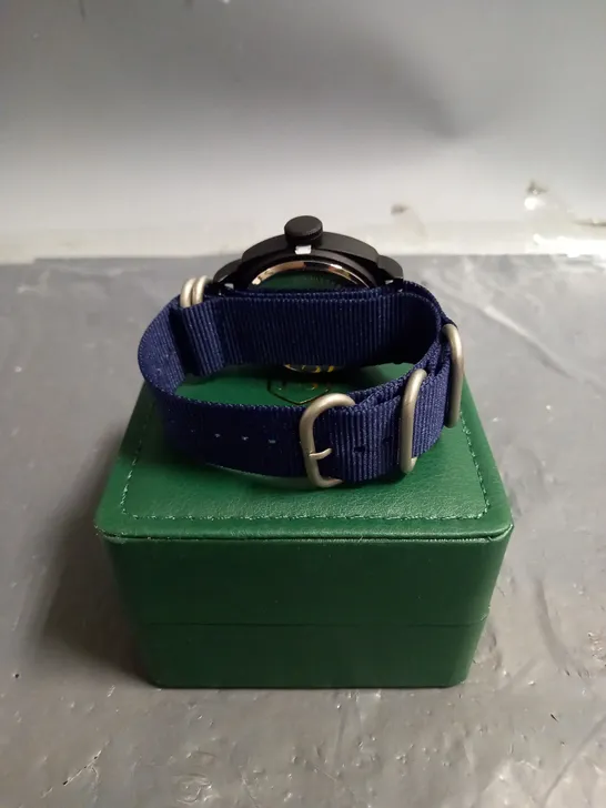 BOXED FRANK SCHMIDT FABRIC STRAP WATCH IN BLUE/BLACK