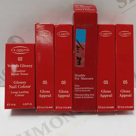 LOT OF 6 ASSORTED CLARINS PRODUCTS TO INCLUDE 4 X GLOSS PEAL LIPGLOSS #05 HIBISCUS, GLOSSY NAIL COLOUR #02 SOFT PINK, DOUBLE FIX MASCARA