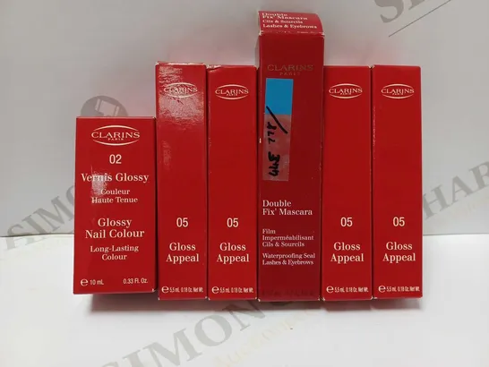 LOT OF 6 ASSORTED CLARINS PRODUCTS TO INCLUDE 4 X GLOSS PEAL LIPGLOSS #05 HIBISCUS, GLOSSY NAIL COLOUR #02 SOFT PINK, DOUBLE FIX MASCARA