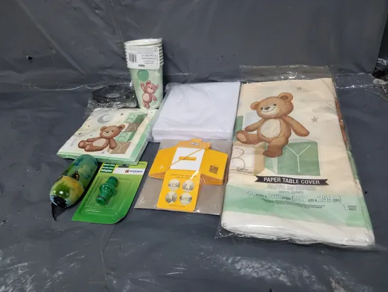 BOX OF ASSORTED HOUSEHOLD ITEMS TO INCLUDE PAPER TABLE COVERS, PAPER CUPS AND ADAPTOR