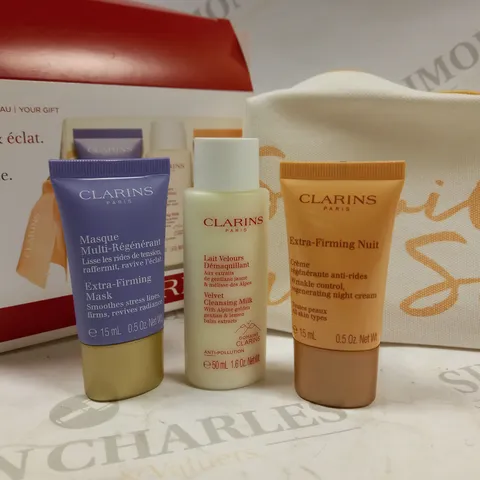 CLARINS PARIS GIFT SET FIRMNESS & RADIANCE INCLUDING EXTRA FIRMING MASK 15ML, VELVET CLEANSING MILK 50ML, EXTRA FIRMING NUIT 15ML