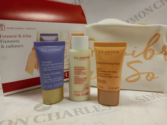 CLARINS PARIS GIFT SET FIRMNESS & RADIANCE INCLUDING EXTRA FIRMING MASK 15ML, VELVET CLEANSING MILK 50ML, EXTRA FIRMING NUIT 15ML